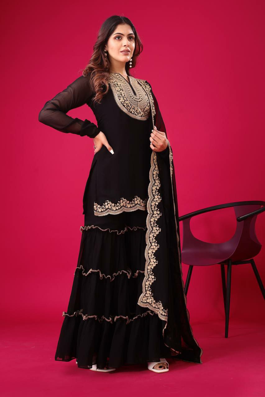 Prazu Fashion Black Georgette Embroidered Plazzo Suit - Swadesiicart
