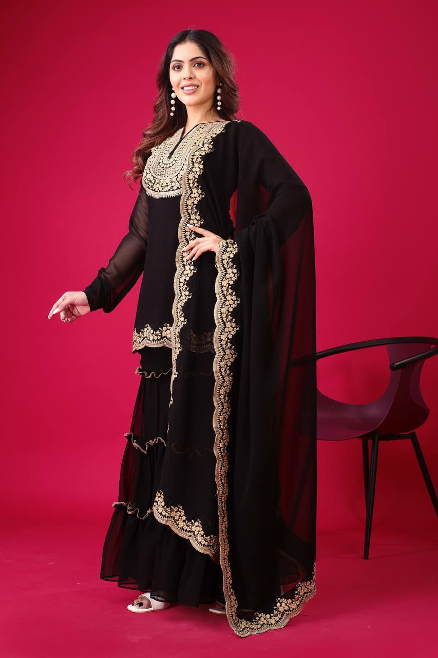 Prazu Fashion Black Georgette Embroidered Plazzo Suit - Swadesiicart