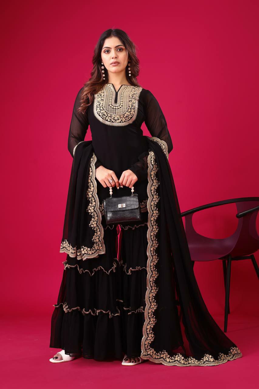 Prazu Fashion Black Georgette Embroidered Plazzo Suit - Swadesiicart