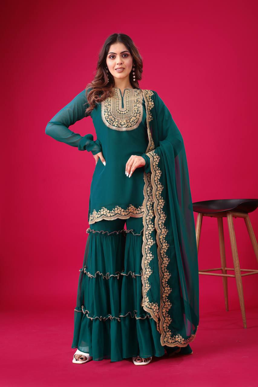Prazu Fashion Royal Blue Georgette Embroidered Palazzo Suit - Swadesiicart