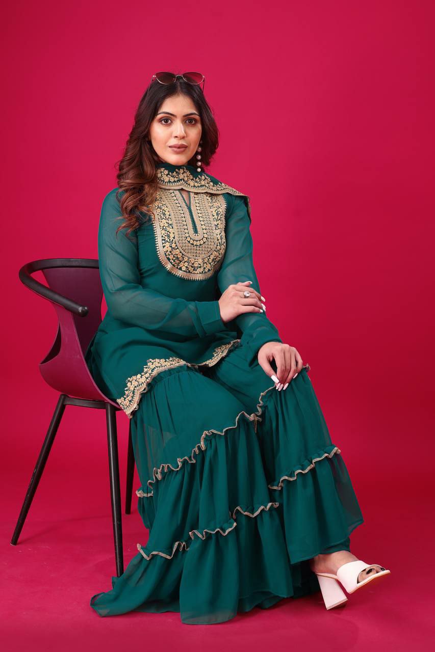 Prazu Fashion Royal Blue Georgette Embroidered Palazzo Suit - Swadesiicart