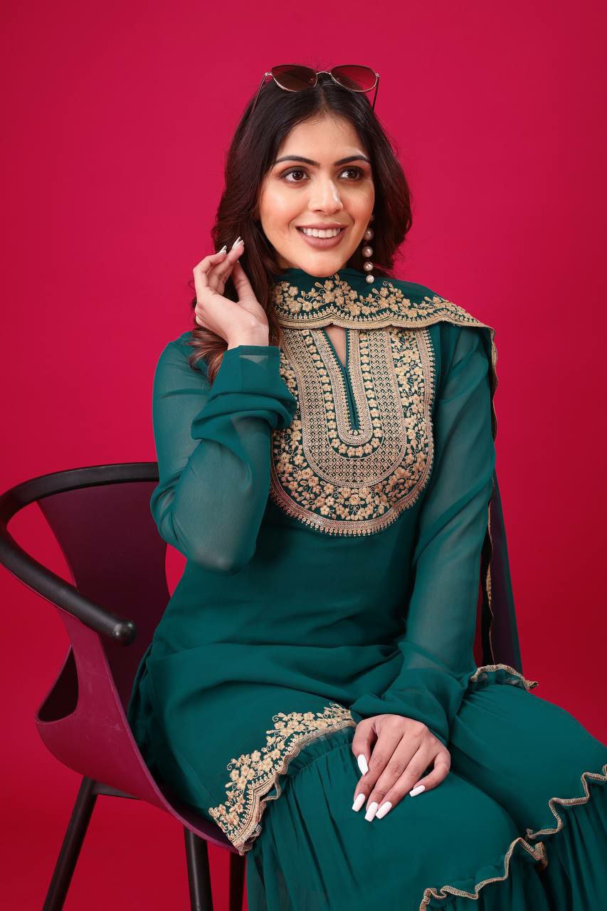 Prazu Fashion Royal Blue Georgette Embroidered Palazzo Suit - Swadesiicart