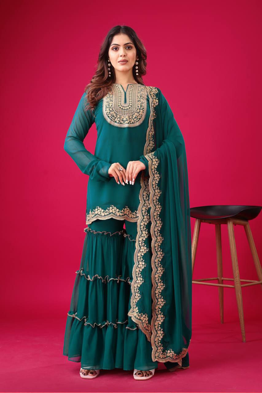 Prazu Fashion Royal Blue Georgette Embroidered Palazzo Suit - Swadesiicart