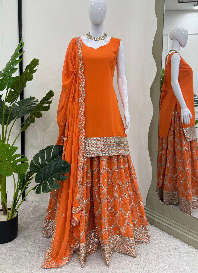 Prazu Fashion Orange Georgette Sequence Palazzo Suit - Swadesiicart