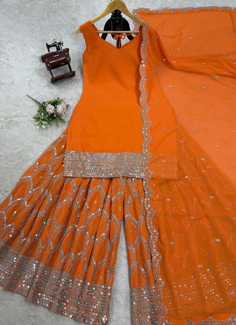 Prazu Fashion Orange Georgette Sequence Palazzo Suit - Swadesiicart