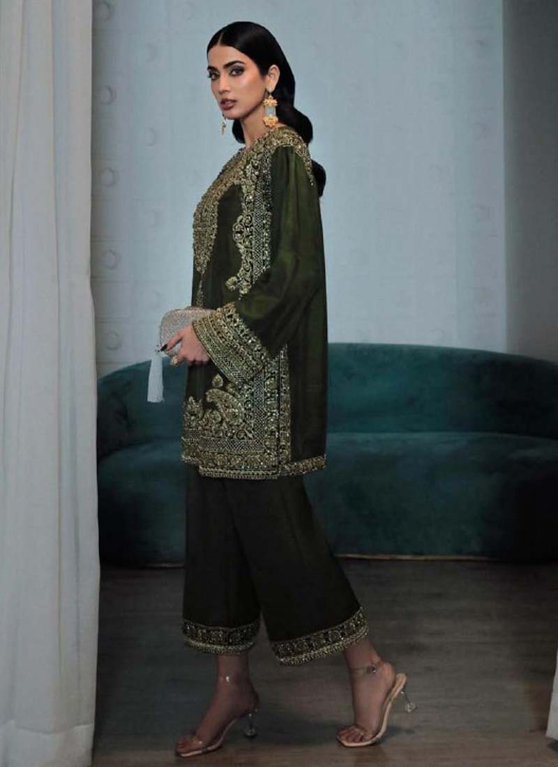 Prazu Fashion Mahendi Chinon Silk Embroidered Palazzo Suit - Swadesiicart