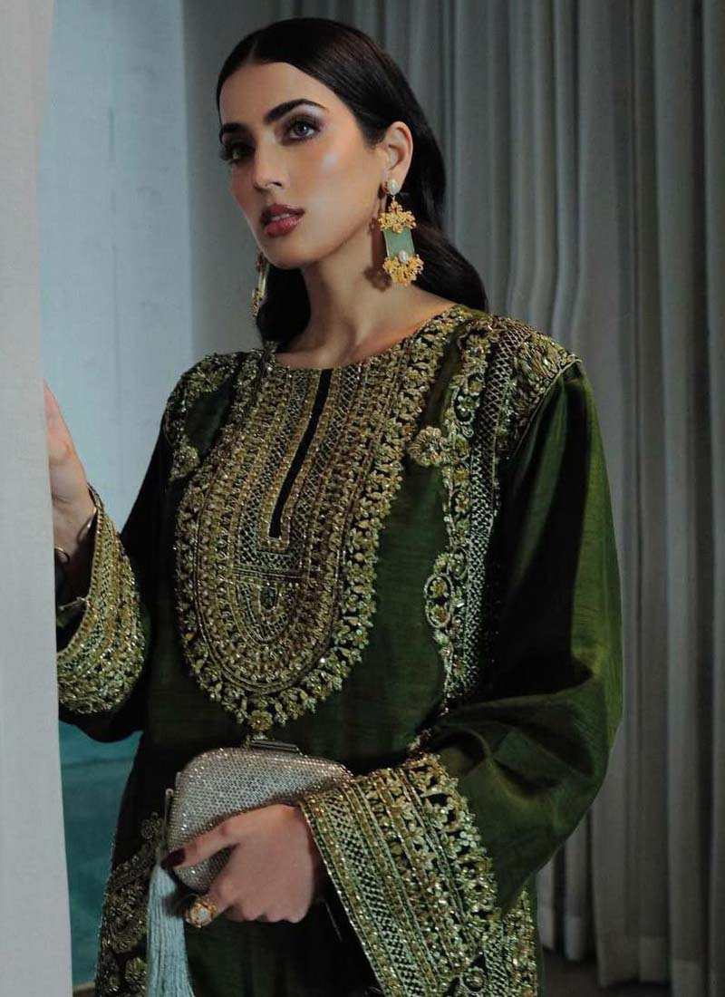 Prazu Fashion Mahendi Chinon Silk Embroidered Palazzo Suit - Swadesiicart