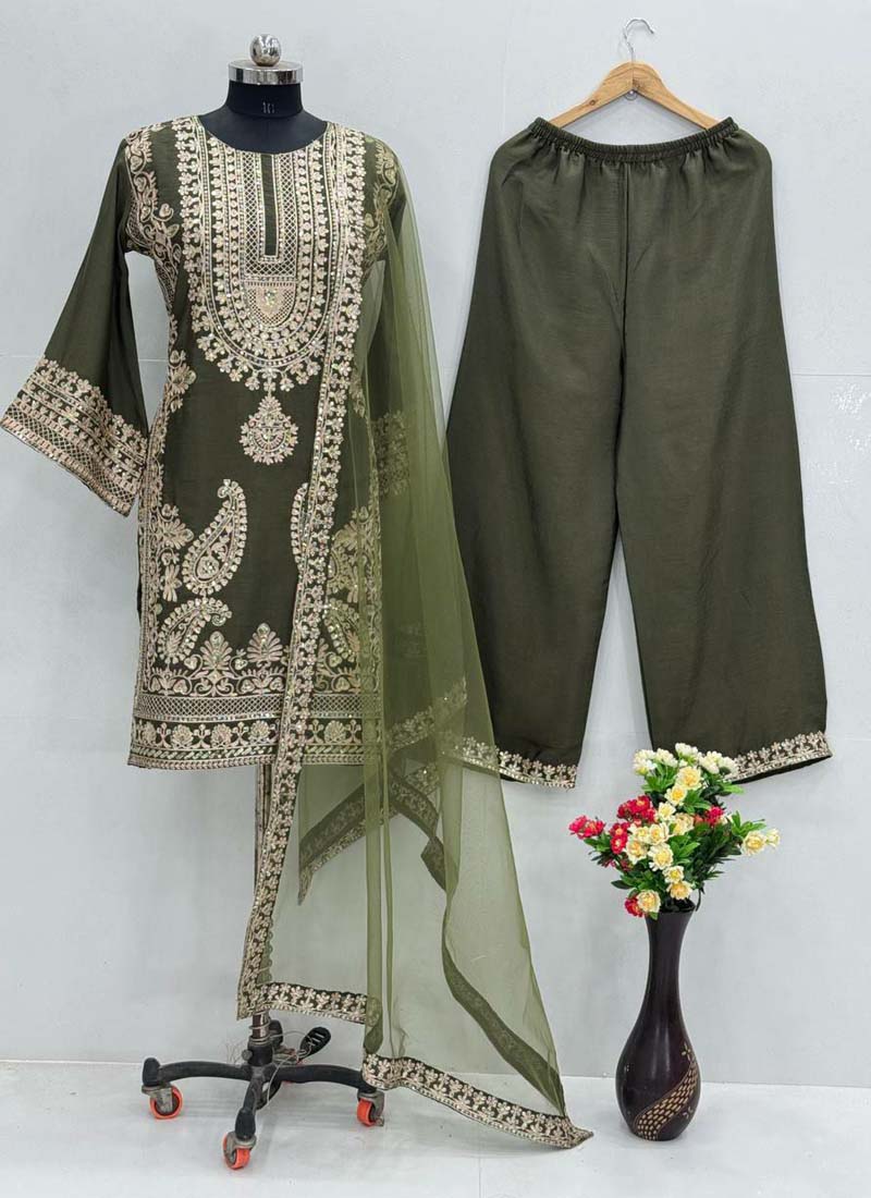 Prazu Fashion Mahendi Chinon Silk Embroidered Palazzo Suit - Swadesiicart