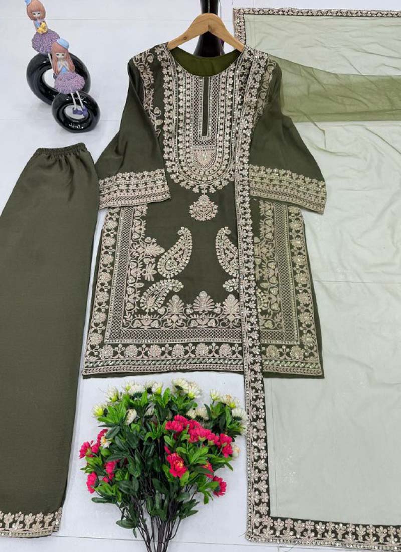 Prazu Fashion Mahendi Chinon Silk Embroidered Palazzo Suit - Swadesiicart