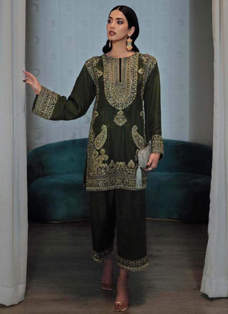 Prazu Fashion Mahendi Chinon Silk Embroidered Palazzo Suit - Swadesiicart
