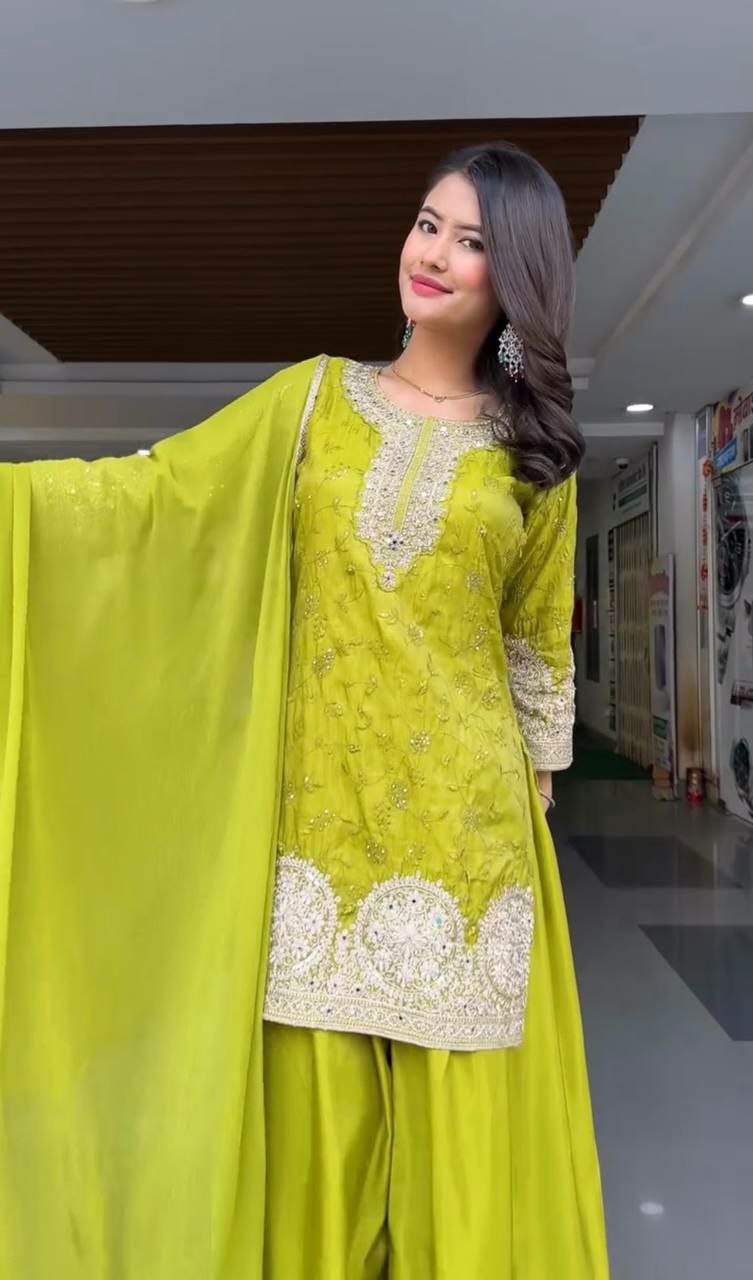 Prazu Fashion Lime Yellow Chinon Silk Embroidered Palazzo Suit - Swadesiicart