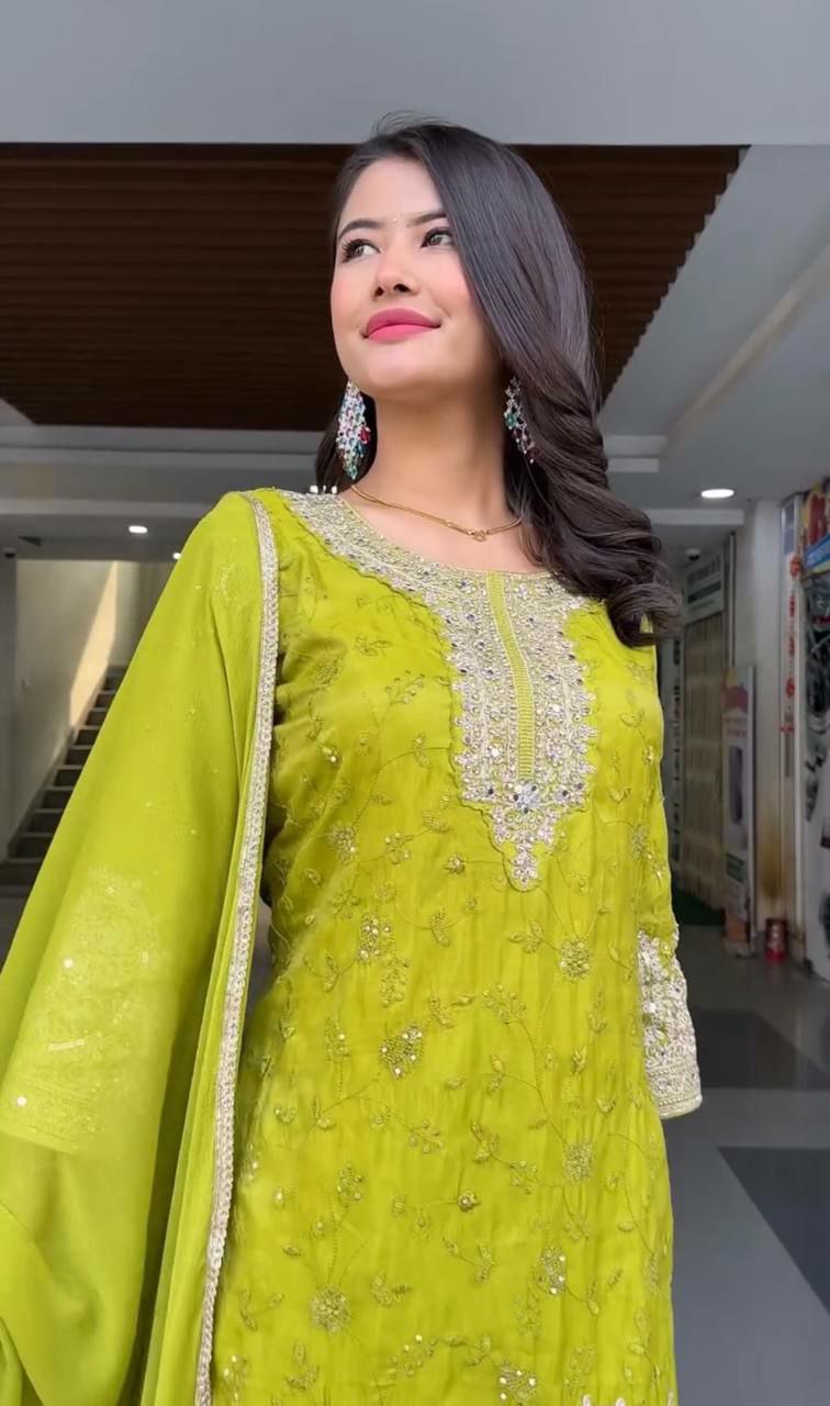 Prazu Fashion Lime Yellow Chinon Silk Embroidered Palazzo Suit - Swadesiicart