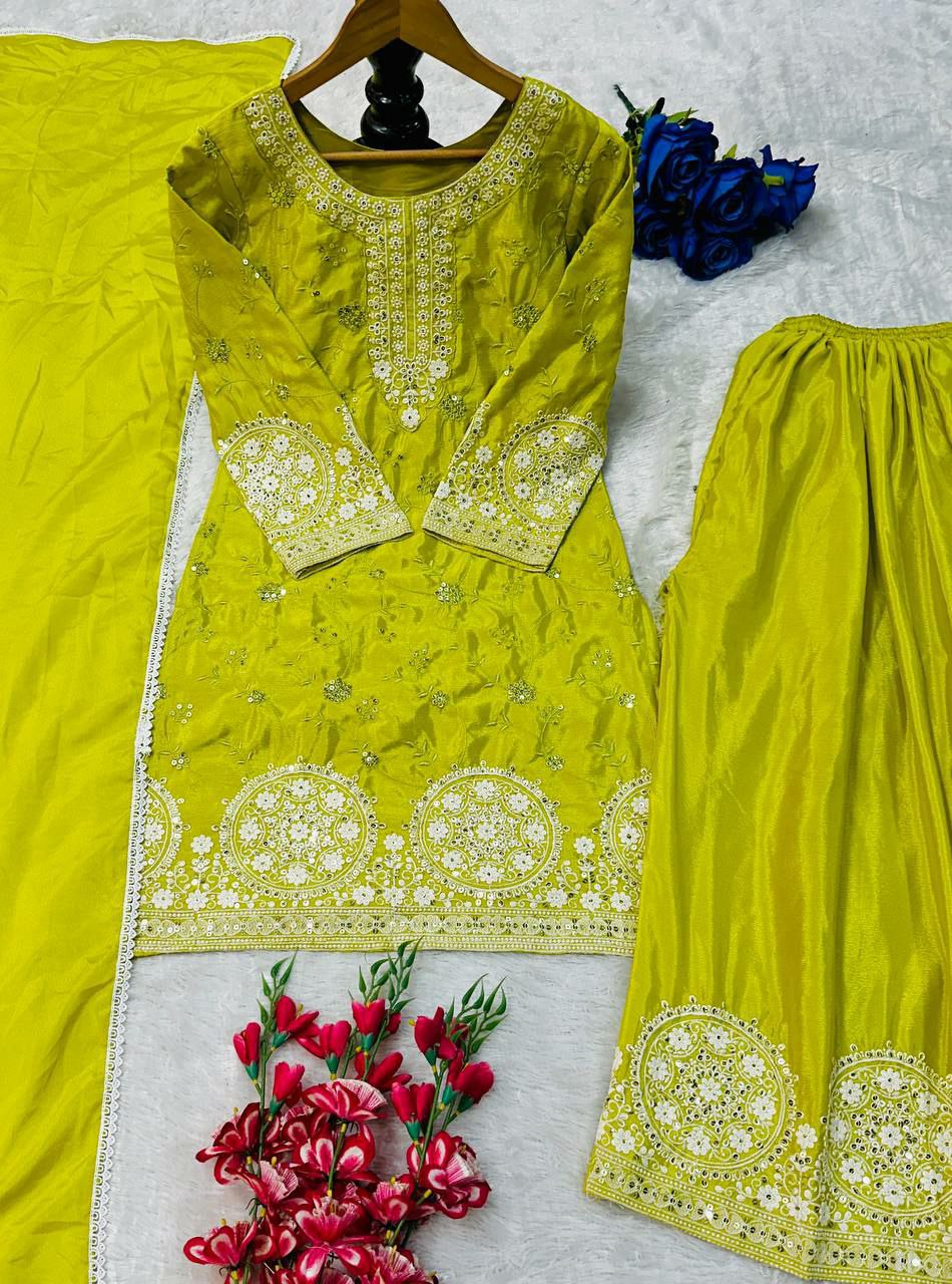 Prazu Fashion Lime Yellow Chinon Silk Embroidered Palazzo Suit - Swadesiicart