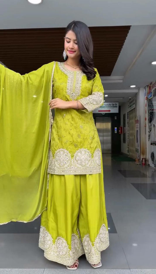 Prazu Fashion Lime Yellow Chinon Silk Embroidered Palazzo Suit - Swadesiicart