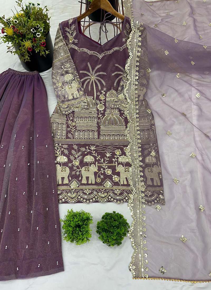 Prazu Fashion Lavender Organza Embroidered Palazzo Suit - Swadesiicart