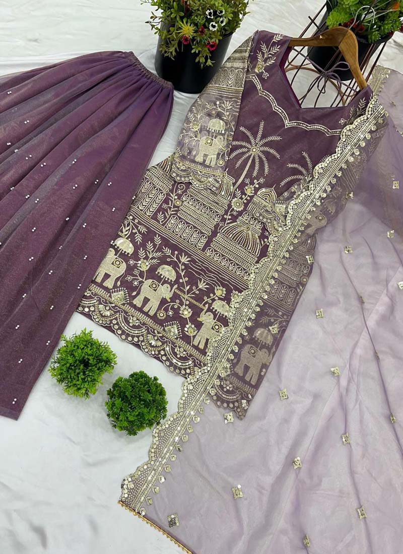 Prazu Fashion Lavender Organza Embroidered Palazzo Suit - Swadesiicart