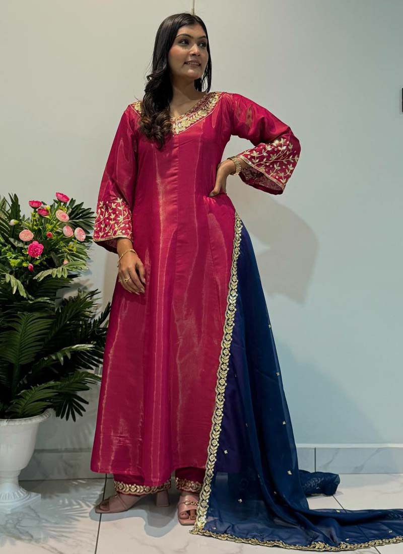 Prazu Fashion Rani Pink Roman Silk Embroidered Anarkali Suit - Swadesiicart