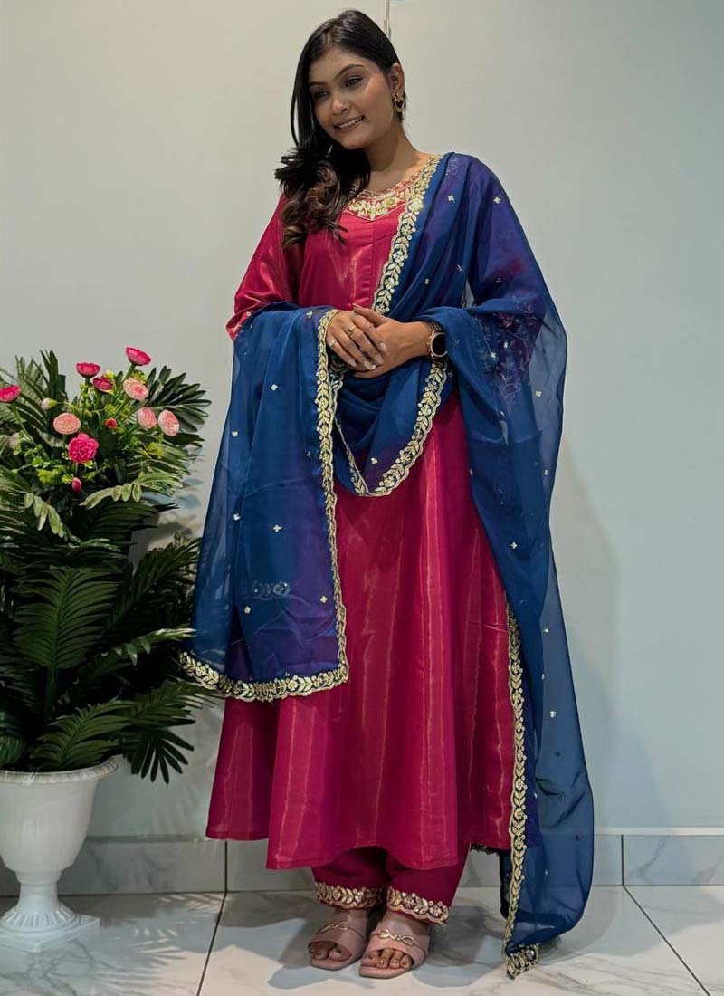 Prazu Fashion Rani Pink Roman Silk Embroidered Anarkali Suit - Swadesiicart