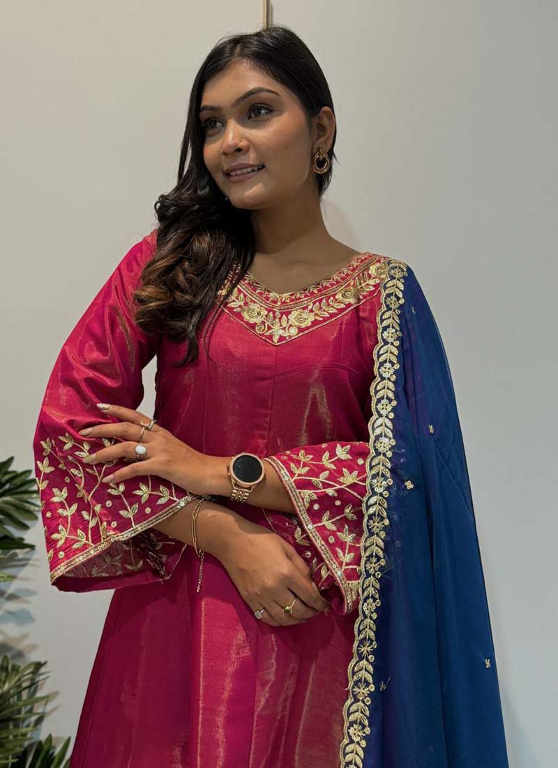 Prazu Fashion Rani Pink Roman Silk Embroidered Anarkali Suit - Swadesiicart
