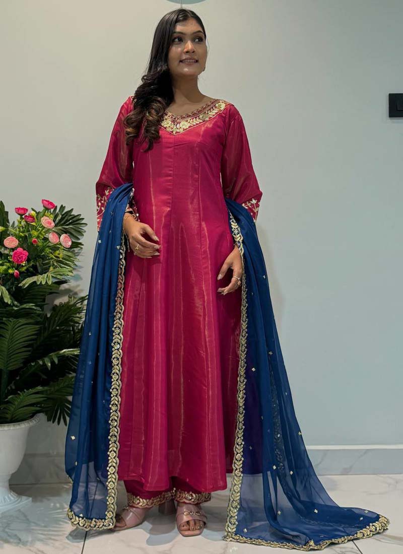 Prazu Fashion Rani Pink Roman Silk Embroidered Anarkali Suit - Swadesiicart