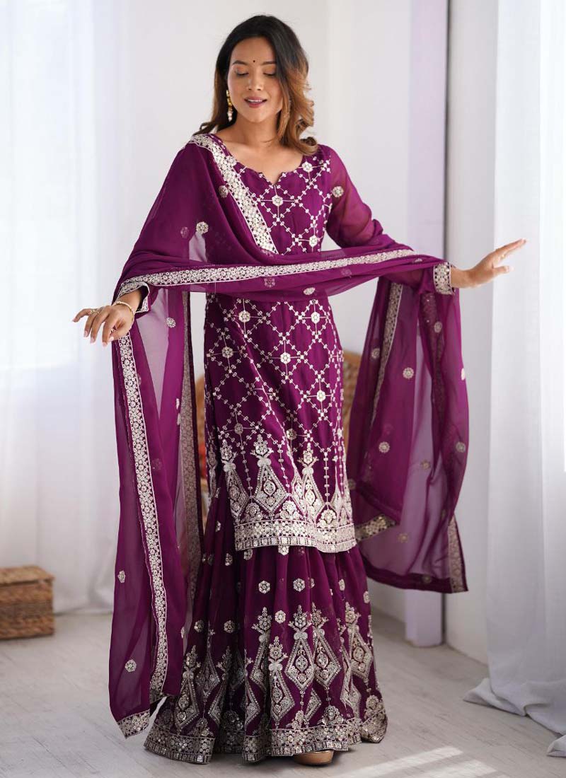 Prazu Fashion Purple Georgette Sequence Palazzo Suit - Swadesiicart