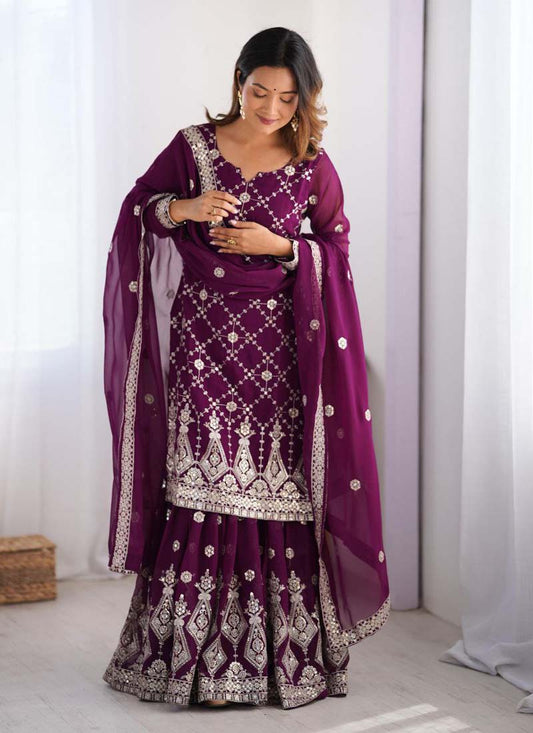 Prazu Fashion Purple Georgette Sequence Palazzo Suit - Swadesiicart