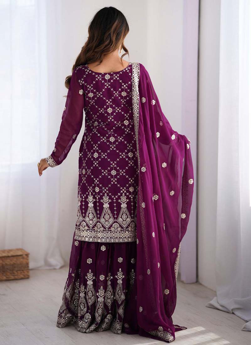 Prazu Fashion Purple Georgette Sequence Palazzo Suit - Swadesiicart