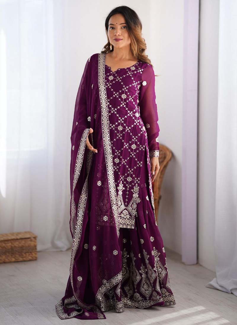 Prazu Fashion Purple Georgette Sequence Palazzo Suit - Swadesiicart