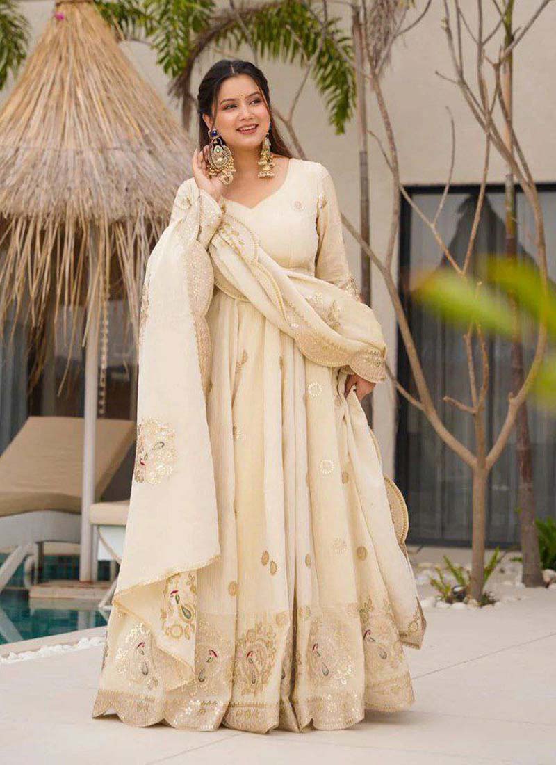 Prazu Fashion Off White Chinon Silk Sequence Anarkali Suit - Swadesiicart