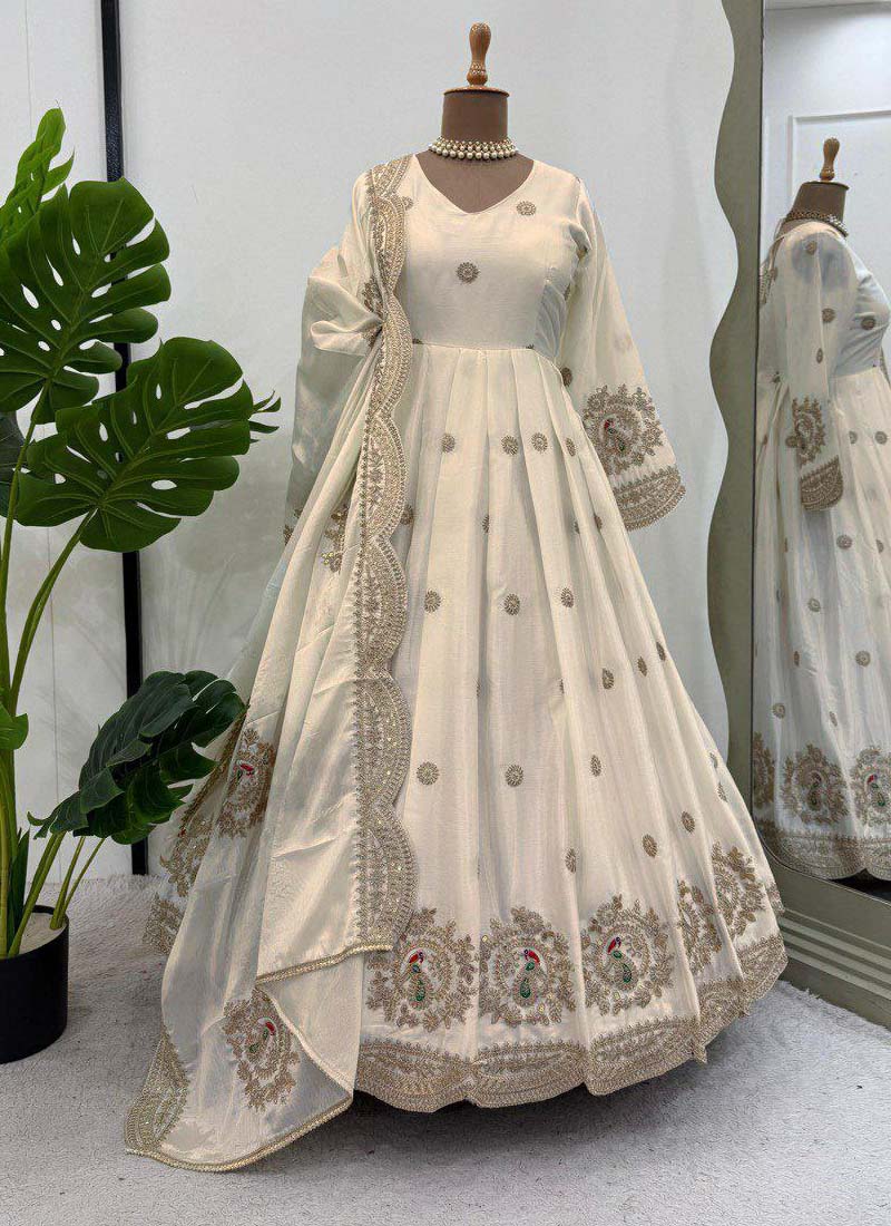 Prazu Fashion Off White Chinon Silk Sequence Anarkali Suit - Swadesiicart