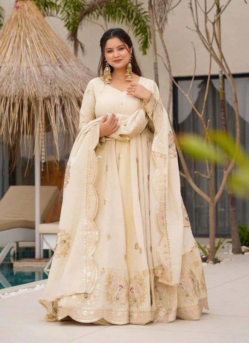 Prazu Fashion Off White Chinon Silk Sequence Anarkali Suit - Swadesiicart