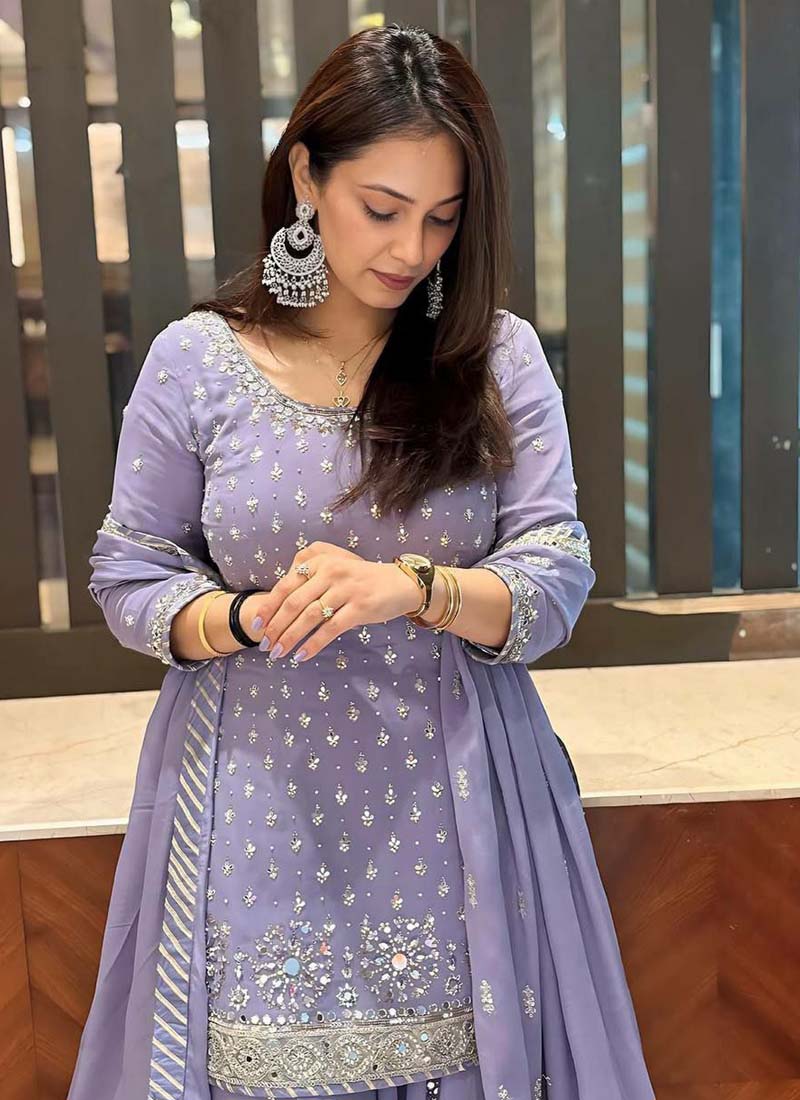 Prazu Fashion Light Lavender Georgette Embroidered Palazzo Suit - Swadesiicart