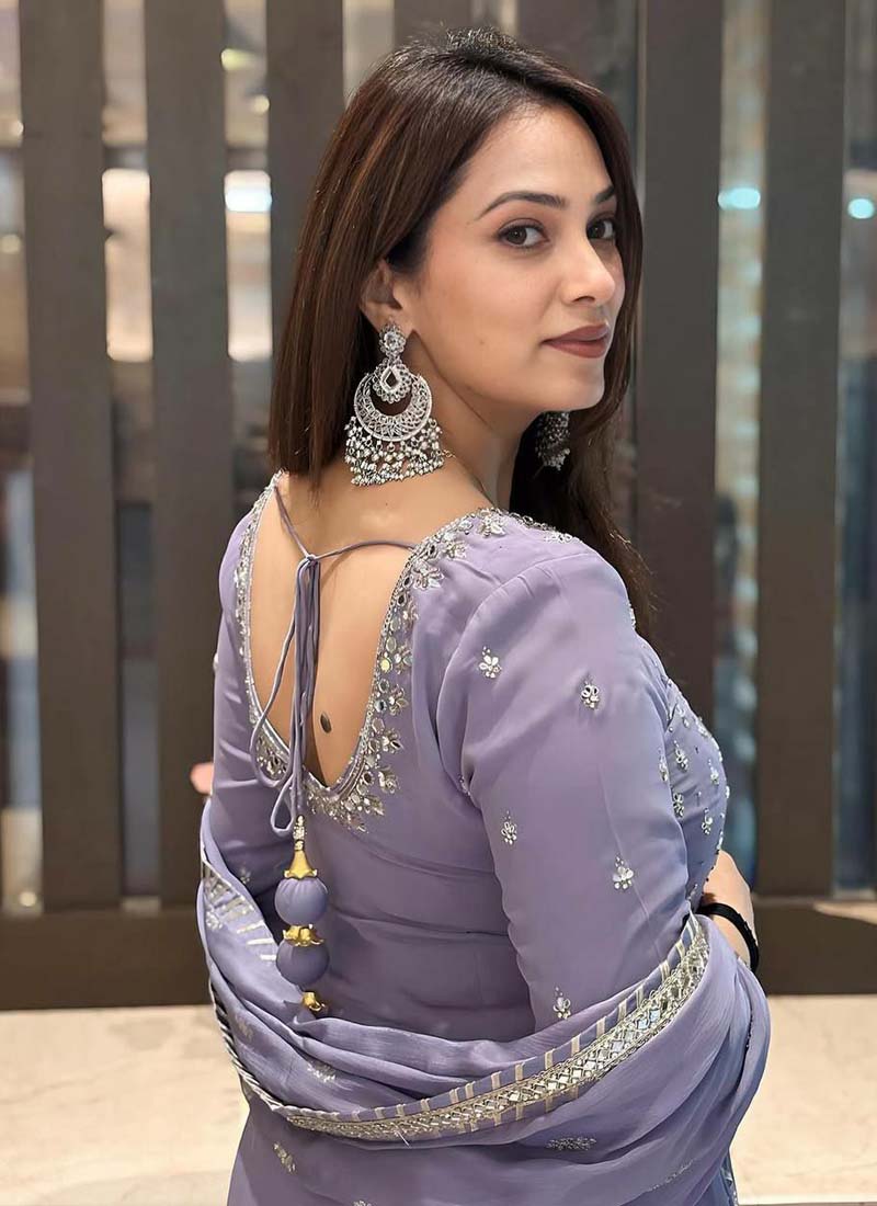 Prazu Fashion Light Lavender Georgette Embroidered Palazzo Suit - Swadesiicart