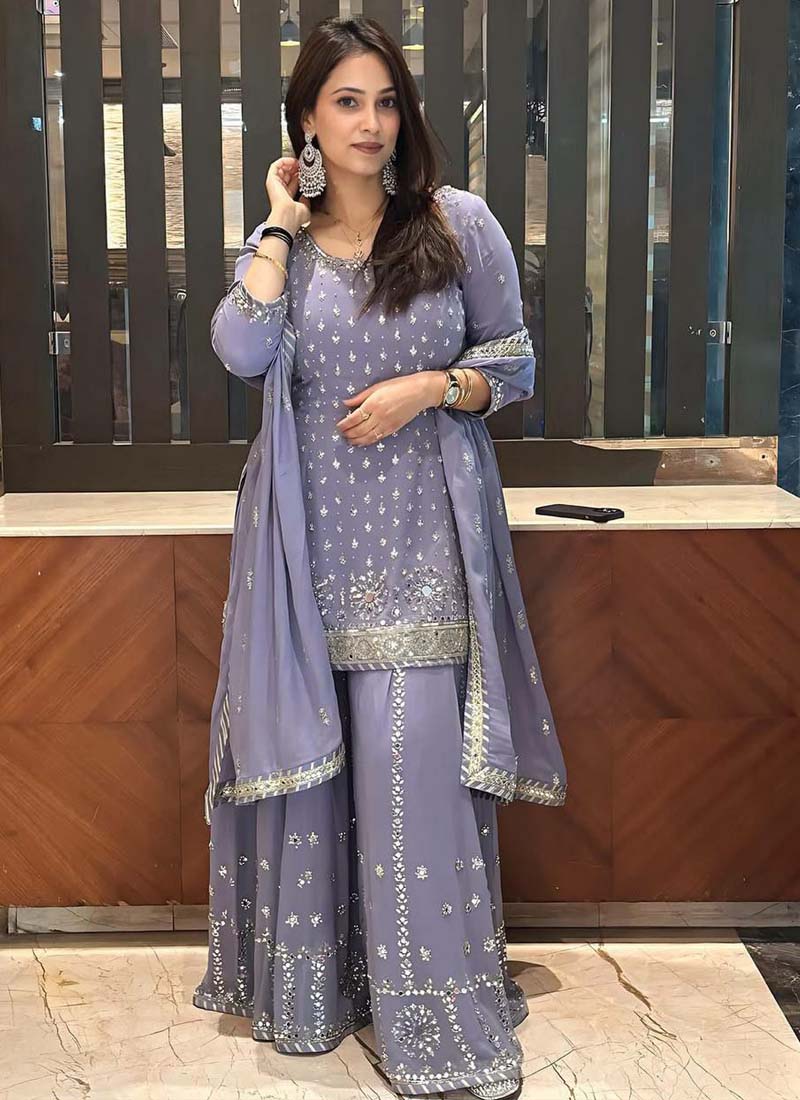 Prazu Fashion Light Lavender Georgette Embroidered Palazzo Suit - Swadesiicart