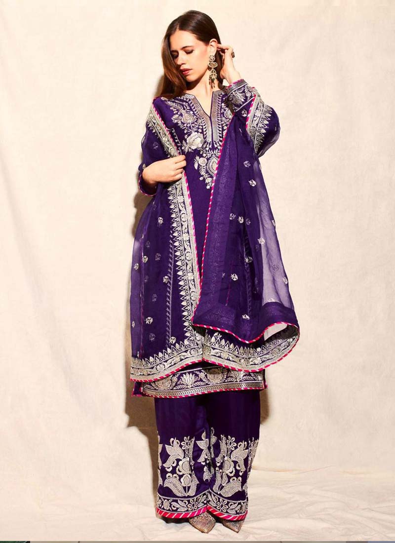 Prazu Fashion Violet Blue Chinon Silk Embroidered Palazzo Suit - Swadesiicart