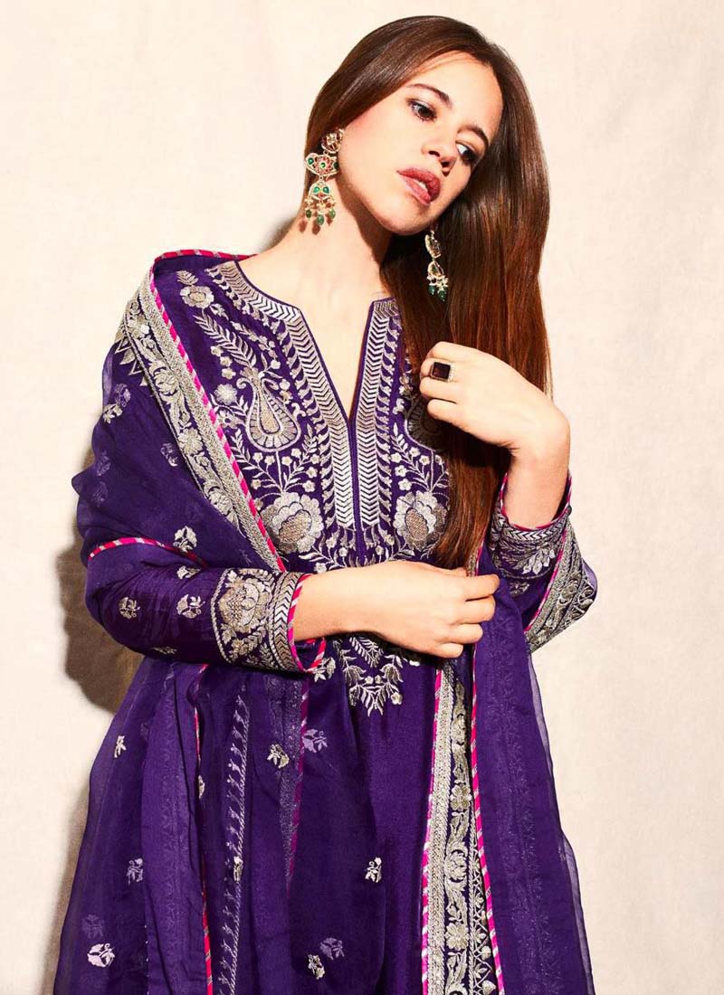 Prazu Fashion Violet Blue Chinon Silk Embroidered Palazzo Suit - Swadesiicart