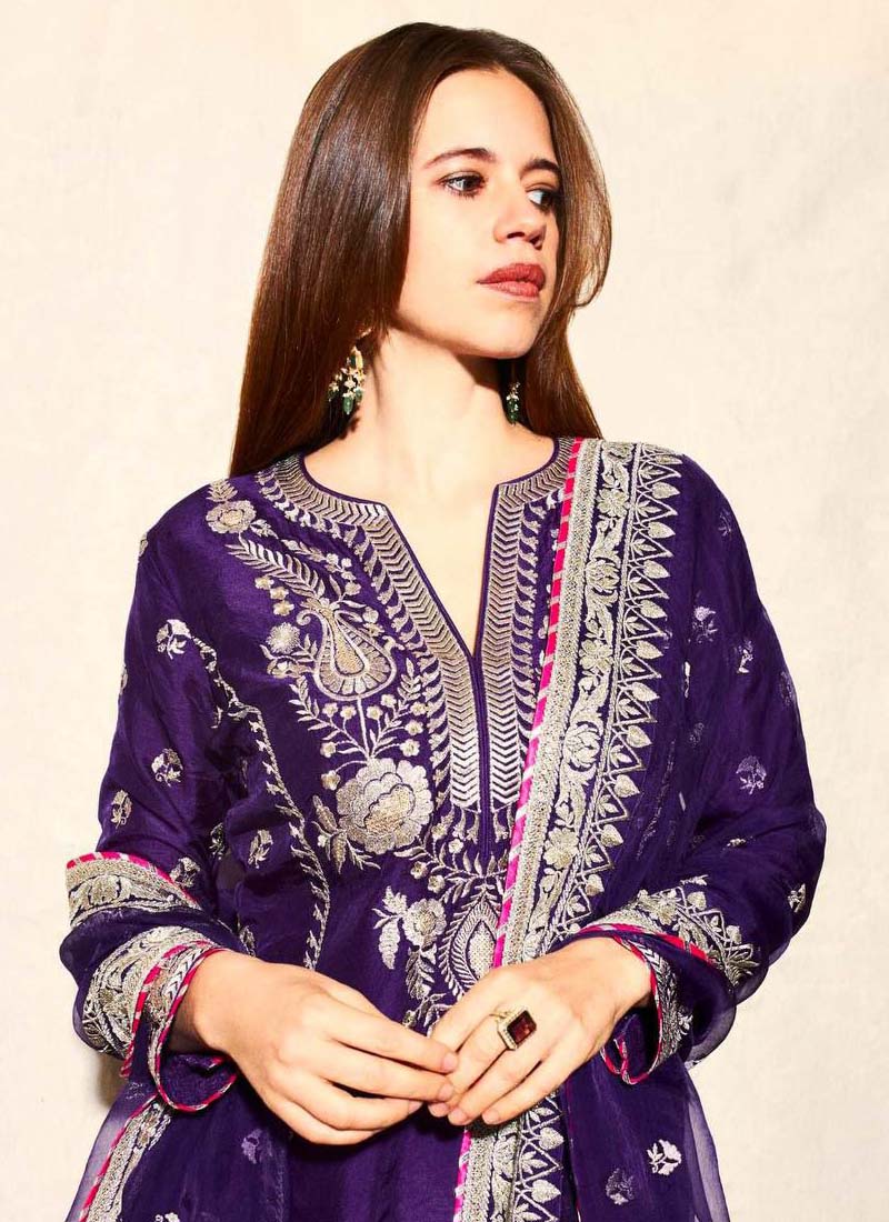 Prazu Fashion Violet Blue Chinon Silk Embroidered Palazzo Suit - Swadesiicart