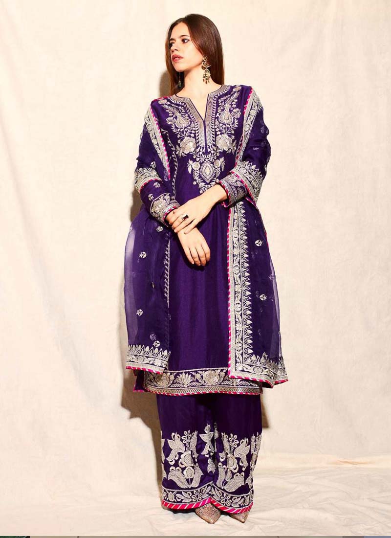Prazu Fashion Violet Blue Chinon Silk Embroidered Palazzo Suit - Swadesiicart