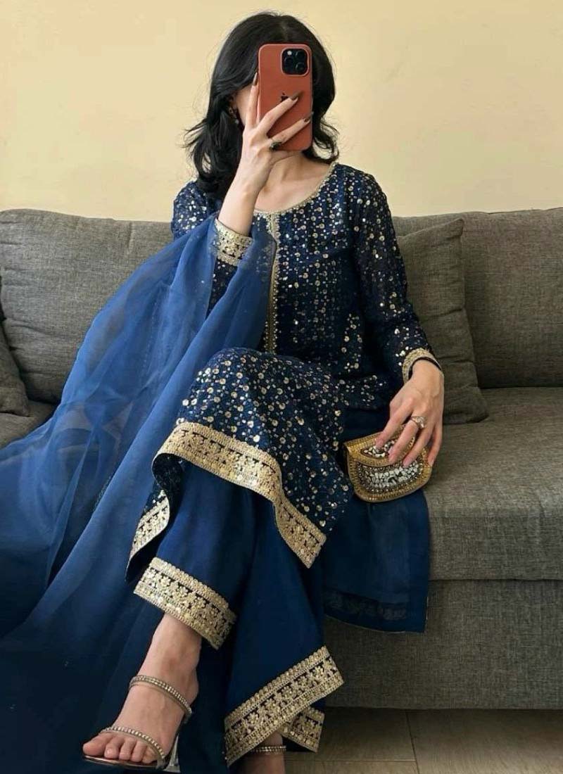 Prazu Fashion Blue Georgette Thread Sequence Palazzo Suit - Swadesiicart