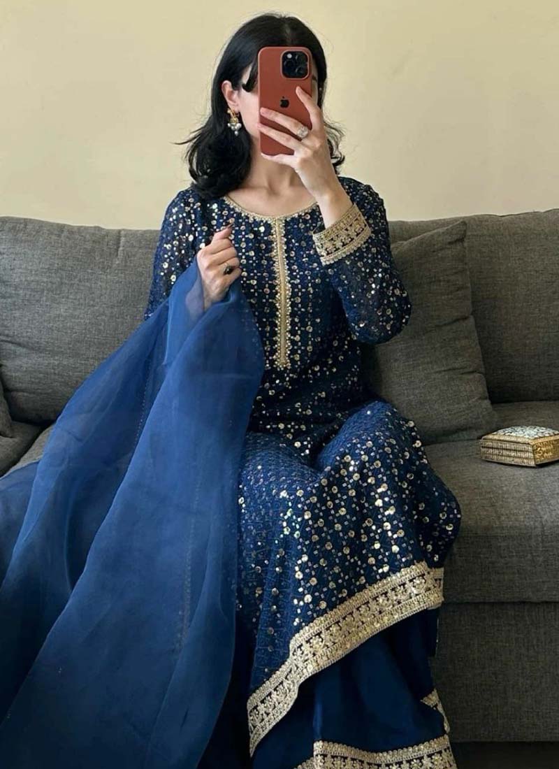 Prazu Fashion Blue Georgette Thread Sequence Palazzo Suit - Swadesiicart