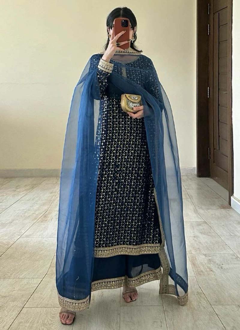 Prazu Fashion Blue Georgette Thread Sequence Palazzo Suit - Swadesiicart
