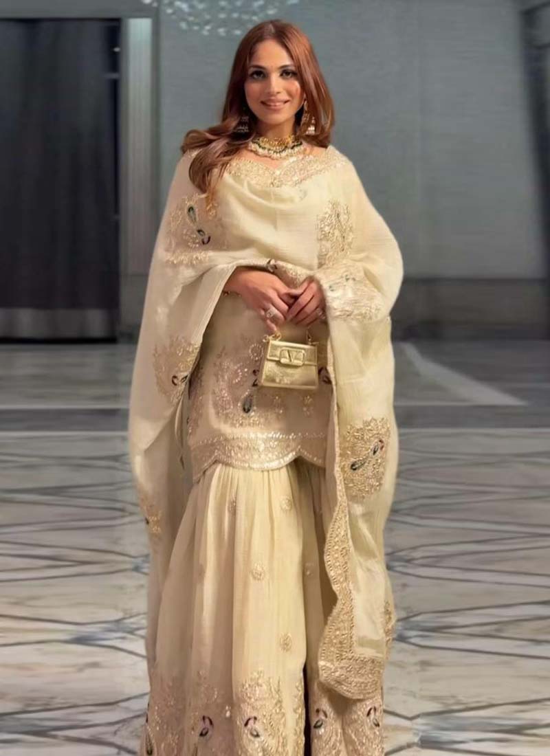 Prazu Fashion Off White Chinon Silk Embroidered Plazzo Suit - Swadesiicart
