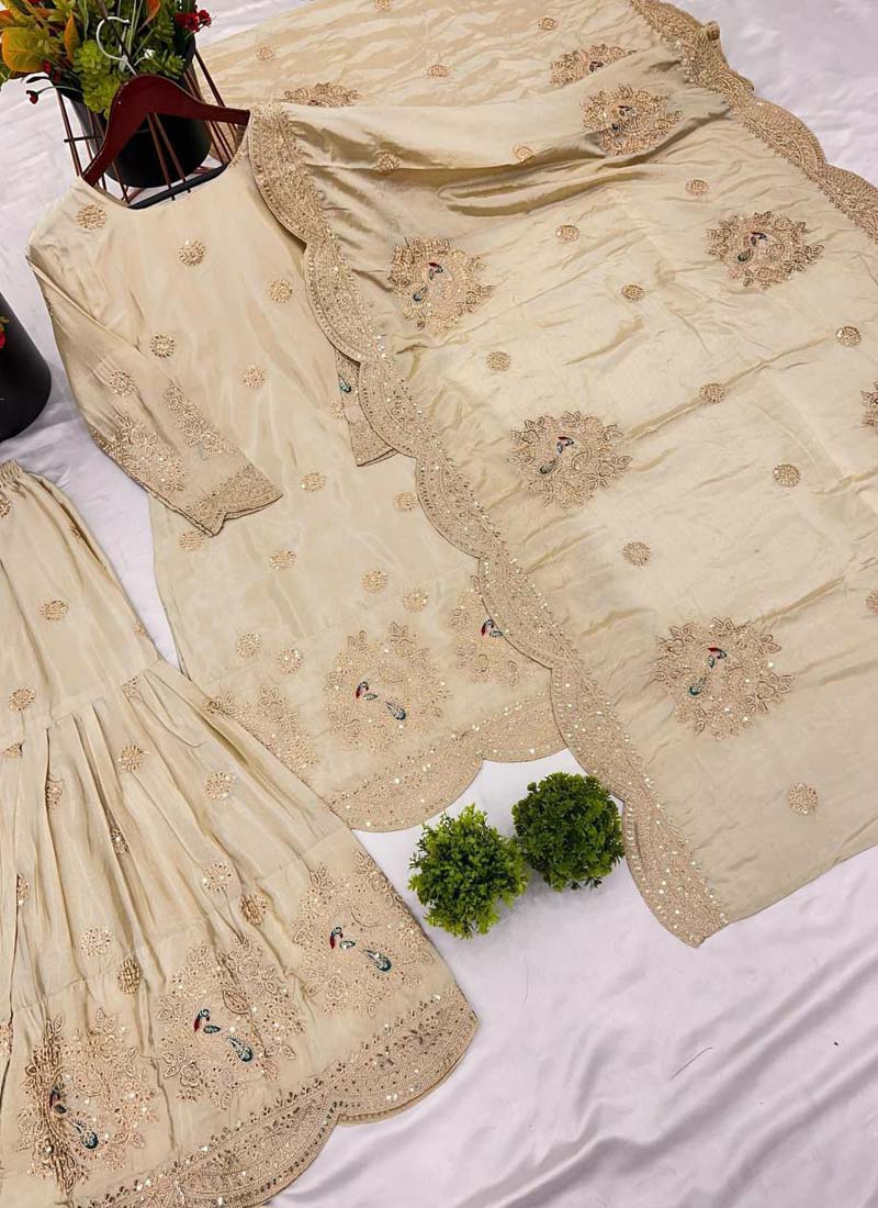 Prazu Fashion Off White Chinon Silk Embroidered Plazzo Suit - Swadesiicart