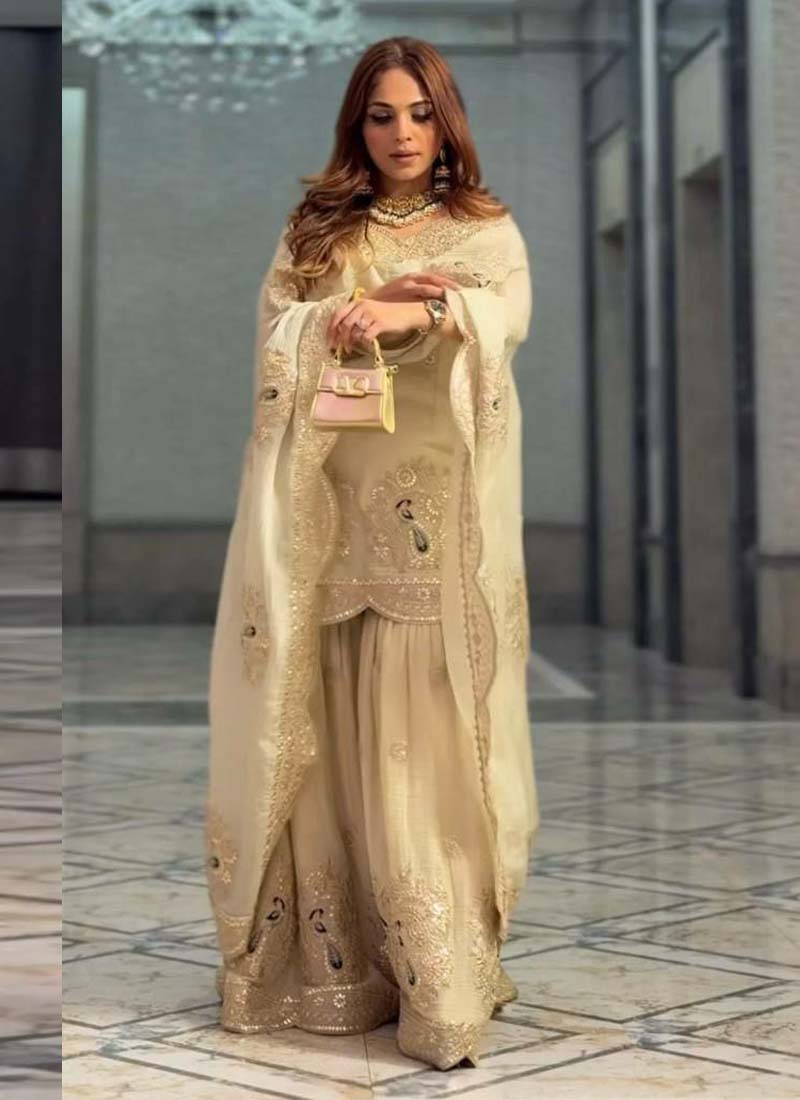 Prazu Fashion Off White Chinon Silk Embroidered Plazzo Suit - Swadesiicart