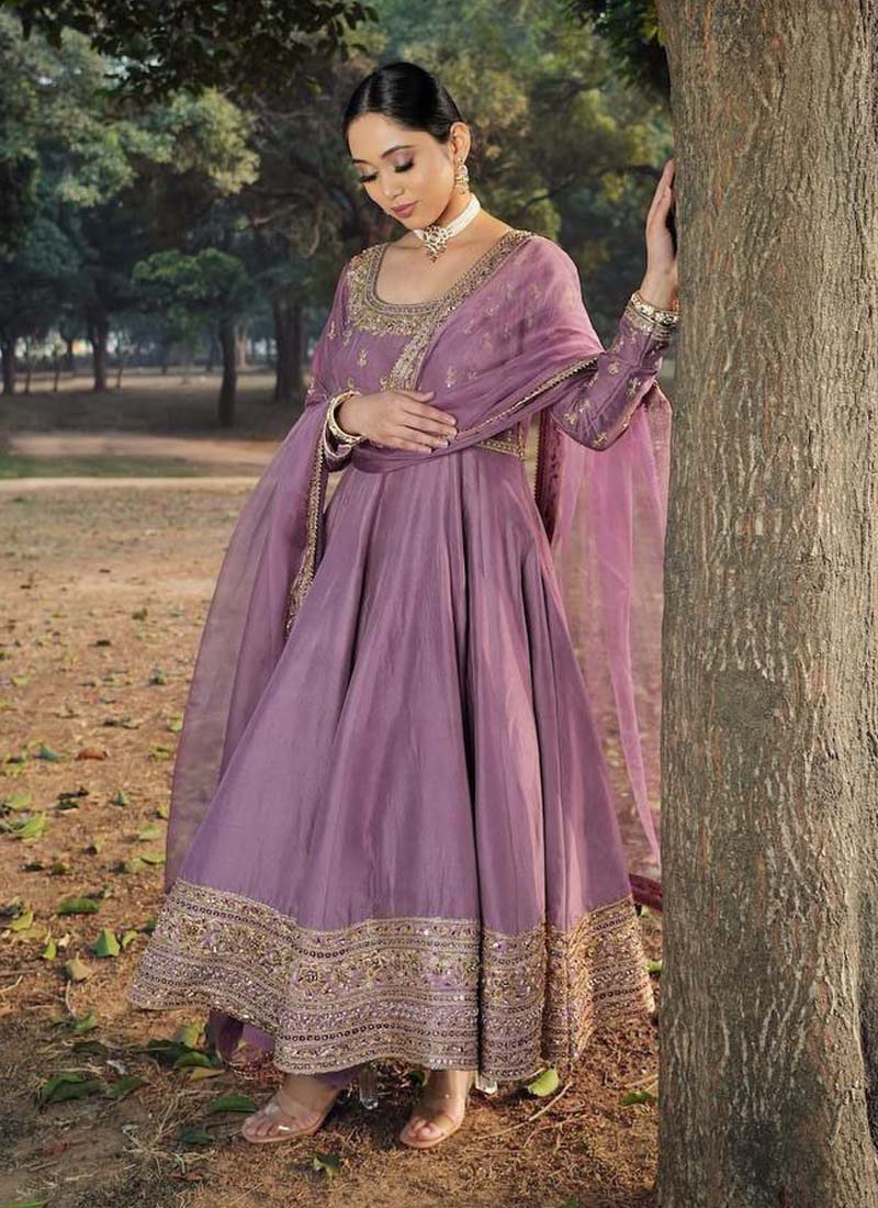 Prazu Fashion Lavender Roman Silk Embroidered Anarkali Suit - Swadesiicart
