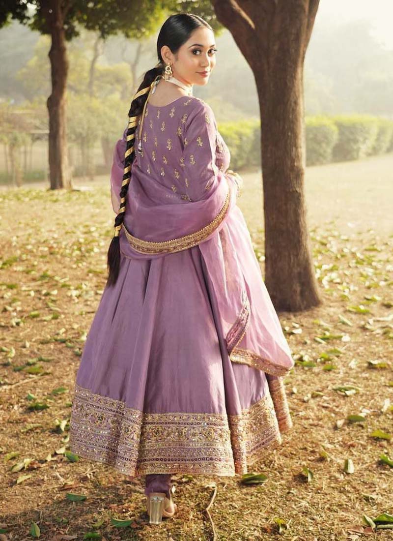 Prazu Fashion Lavender Roman Silk Embroidered Anarkali Suit - Swadesiicart