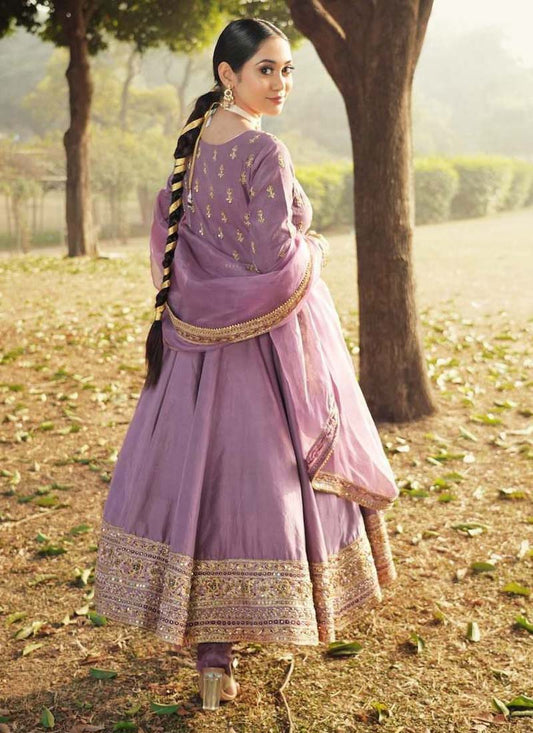 Prazu Fashion Lavender Roman Silk Embroidered Anarkali Suit - Swadesiicart