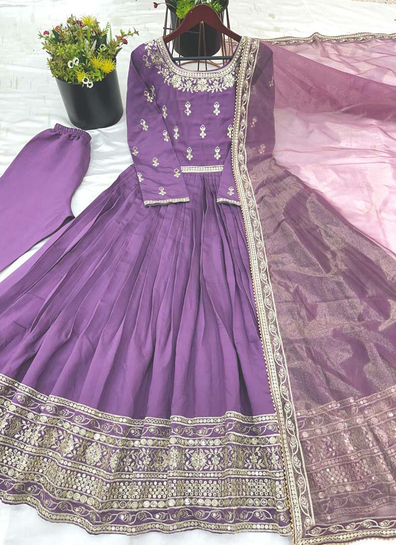 Prazu Fashion Lavender Roman Silk Embroidered Anarkali Suit - Swadesiicart