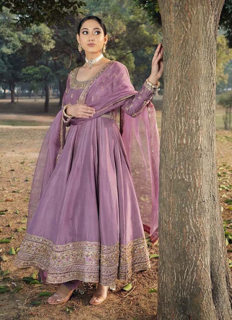 Prazu Fashion Lavender Roman Silk Embroidered Anarkali Suit - Swadesiicart