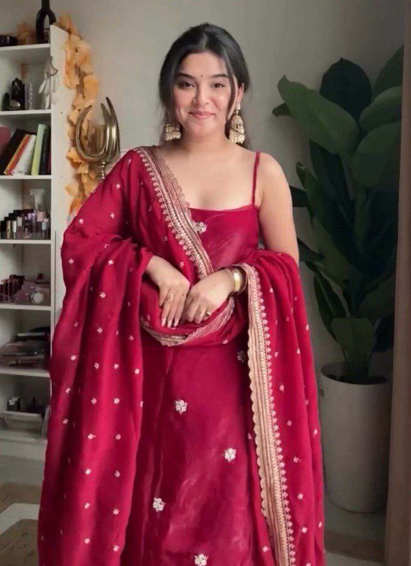 Prazu Fashion Maroon Silk Embroidered Thread Palazzo Suit - Swadesiicart
